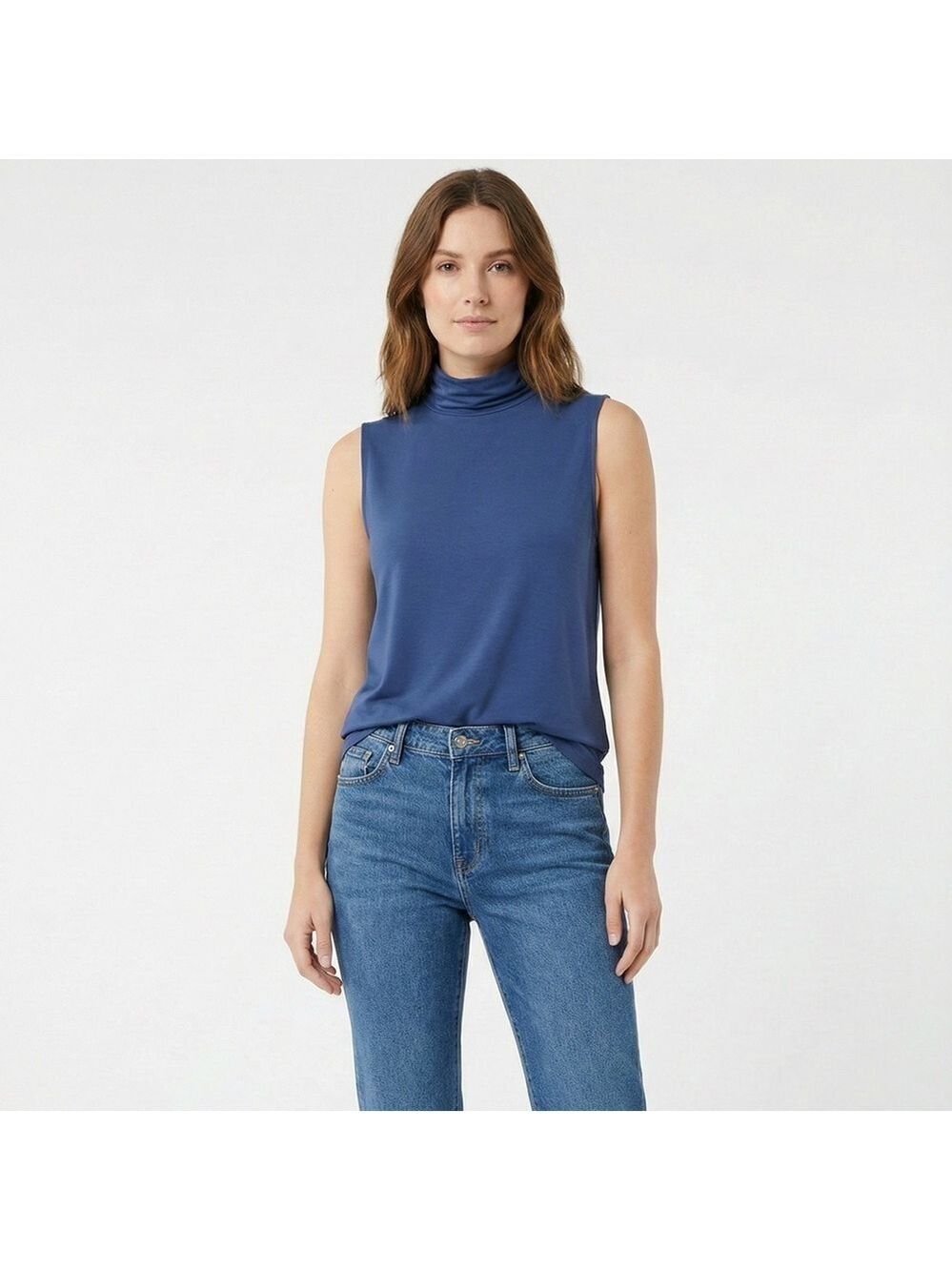 DOLCEZZA Jersey Knit Sleeveless T-Neck Tank Top in Dusty Blue US Sz L